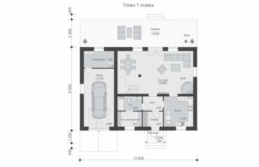 Одноэтажный дом с мансардой, гаражом и тремя спальнями