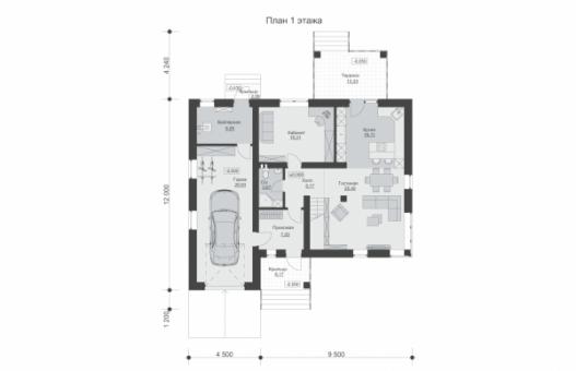 Двухэтажный дом с гаражом и террасами.